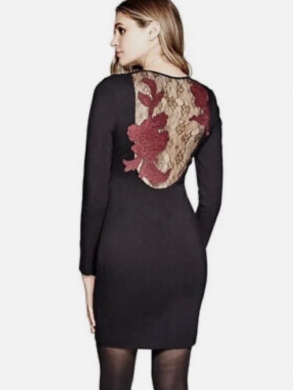 Marciano Black Bodycon Dress with Burgundy Lace Details